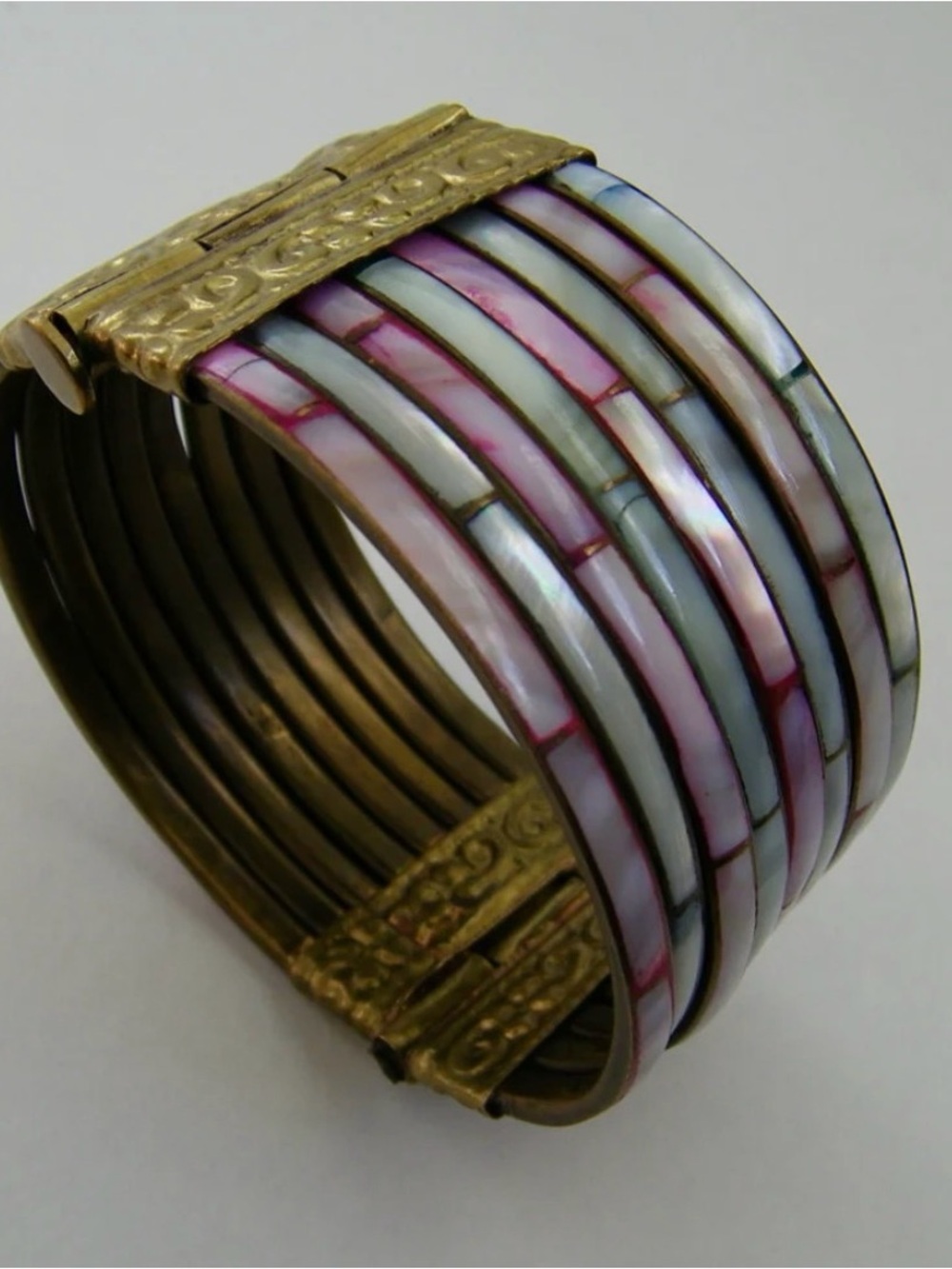 Vintage 60s Indian Ethnic Mother of Pearl and Brass Bangle Bracelet
